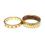 A 9CT GOLD PATTERNED WEDDING BAND Together with a 9ct gold white stone set full eternity ring, total