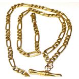 A MODERN 9CT GOLD NECKLACE Of hollow construction, 3 + 1 figaro links, with T bar to centre, trigger