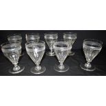 A SET OF EIGHT EARLY 19TH CENTURY GLASS RUMMERS the faceted bucket bowls with band of wheel cut
