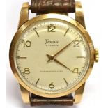 A 1950's TIMOR 9CT GOLD GENT'S WRISTWATCH On a leather strap, round white dial, Arabic numerals,