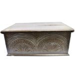 AN OAK BIBLE BOX the lid with moulded and chip carved decoration, carved decoration to the front and