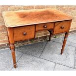 A MAHOGANY WASHSTAND FITTED WITH THREE DRAWERS on ring turned supports, 98cm wide 56cm deep 76cm