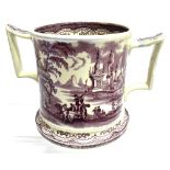 A VICTORIAN STAFFORDSHIRE LOVING CUP puce transfer printed with a landscape scene, frog and two