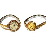 TWO LADIES 9CT GOLD VINTAGE WRISTWATCHES Both on plated expanding bracelet