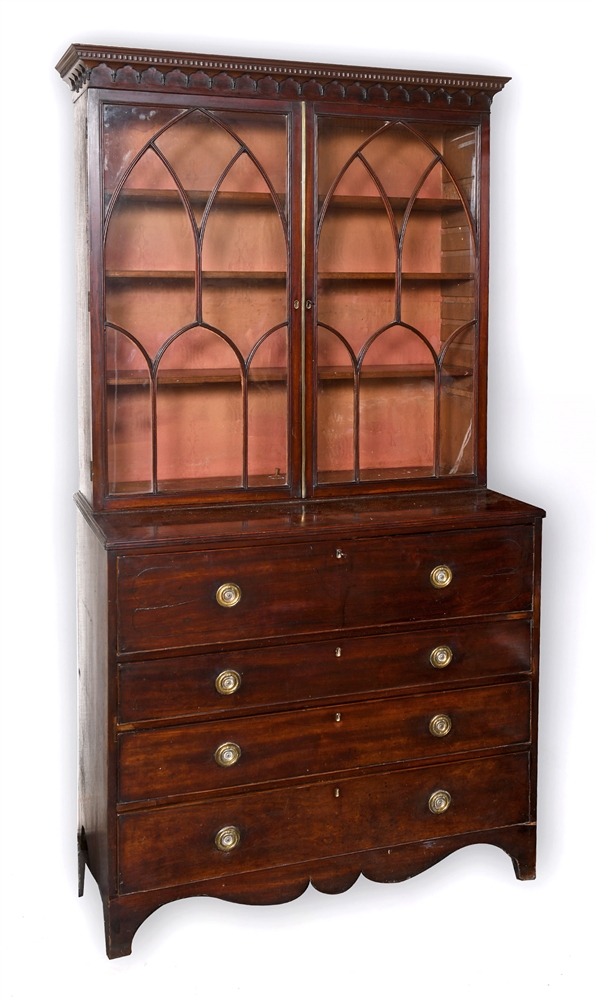 A WILLIAM IV MAHOGANY SECRETAIRE BOOKCASE with moulded frieze above astragal glazed doors opening to