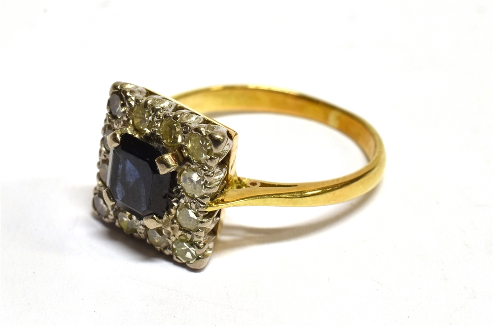 A SAPPHIRE AND DIAMOND SQUARE CLUSTER 18 CT GOLD RING the central square cut dark blue sapphire - Image 2 of 3