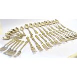 A VICTORIAN PART CANTEEN OF QUEEN'S PATTERN SILVER FLATWARE comprising twelve table forks, six