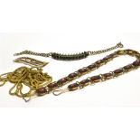 FOUR ITEMS OF JEWELLERY comprising a yellow metal foxtail link keep chain with toggle fastener to