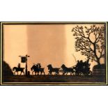 BRITISH SCHOOL (19TH CENTURY) 'Coaching in 1828', reverse painted on glass in silhouette,
