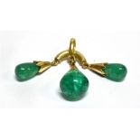 AN EMERALD THREE STONE DROP PENDANT the polished pear shaped emerald comprising a centre drop,