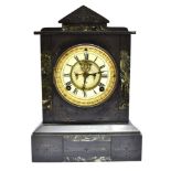 A 19TH CENTURY SLATE AND MARBLE MANTLE CLOCK the dial with visible escapement, the 8-day movement