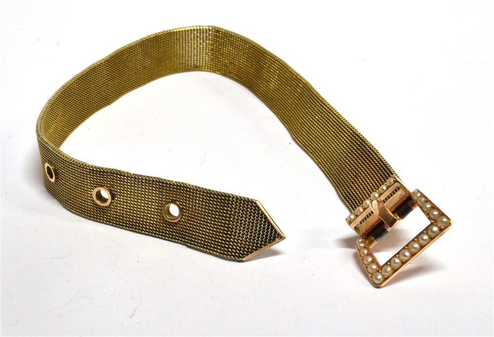 A 14CT YELLOW GOLD CONTINENTAL STRAP BRACELET with seed pearl set buckle clasp, the flexible mesh - Image 2 of 2