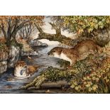 RITA E. WHITAKER, R.M.S. (BRITISH, CONTEMPORARY) Otters, stoving enamel on copper, signed lower