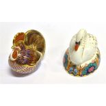 TWO ROYAL CROWN DERBY PAPERWEIGHTS: a swan and a cockerel, both complete with stoppers to base