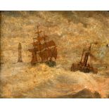 BRITISH SCHOOL (LATE 19TH CENTURY) Under tow on a choppy sea, with distant lighthouse, oil on board,