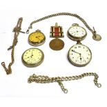 TWO SILVER POCKET WATCHES Together with two white metal pocket watches to include Railway Regulator,