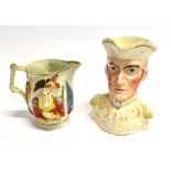 TWO 19TH CENTURY JUGS: 'The Late Duke of Wellington' pearlware jug 18.5cm high, and a double sided