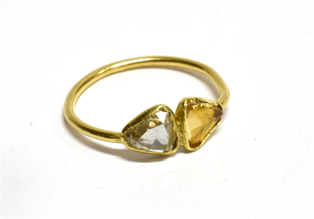 A DIAMOND AND YELLOW TOPAZ TWO STONE YELLOW GOLD RING the triangular rose cut diamond approx. 0.5 - Image 2 of 2