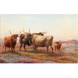 HENRY BIRTLES (BRITISH, 1838-1907) Longhorn cattle in a moorland landscape, watercolour, signed