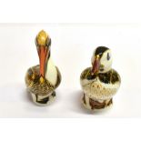 TWO ROYAL CROWN DERBY PAPERWEIGHTS: a Brown Pelican and a Puffin, both complete with stoppers to