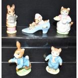 FIVE BESWICK BEATRIX POTTER FIGURES Tom Kitten; The Old Woman who lived in a shoe; Peter Rabbit;
