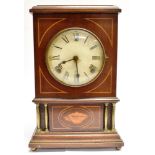 AN EDWARDIAN MAHOGANY CASED MANTLE CLOCK with 8-day movement, the case with marquetry inlay and