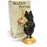 A BESWICK BEATRIX POTTER FIGURE Duchess, black, holding a bunch of flowers, with a gold backstamp