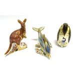 THREE ROYAL CROWN DERBY PAPERWEIGHTS: a kangaroo, dolphin and penguin, all complete with stoppers to