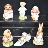 SIX BESWICK BEATRIX POTTER FIGURES Mrs Tiggy-Winkle Washing; Fierce Bad Rabbit; Thomasina