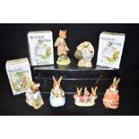 SIX BESWICK BEATRIX POTTER FIGURES Hunca Munca Sweeping; Mr Toad; Mrs rabbit & Bunnies; Poorly Peter