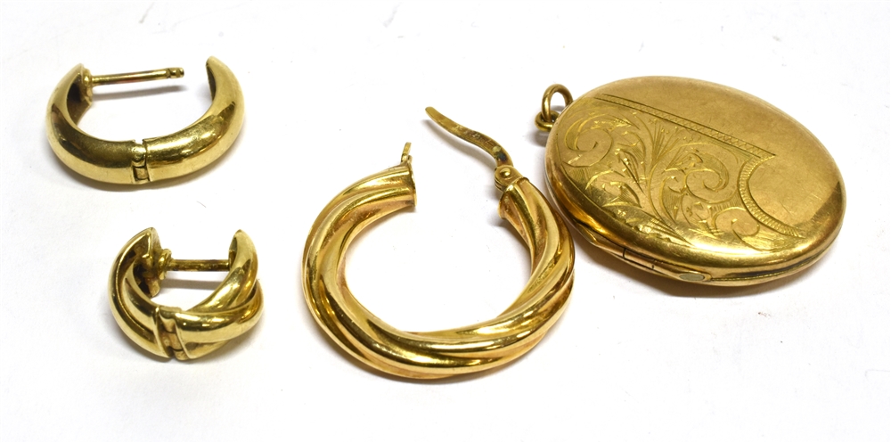 THREE ODD 9CT GOLD EARRINGS and a 9ct gold back and front locket, the earrings weighing a total of - Image 2 of 2