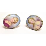 A PAIR OF PORTRAIT MINIATURES LATER SET AS A PAIR OF EARRINGS the oval enamel portraits of young