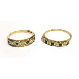 TWO 9CT GOLD STONE SET HALF ETERNITY RINGS one comprising small sapphire and diamonds, the other