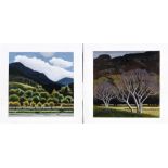 JENNY GRAHAM (BRITISH, B.1946) Landscapes with trees, a pair, oil on block, one signed verso, each