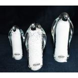 A GRADUATED SET OF THREE GLASS PENGUINS the tallest 13cm high, labelled 'Schroders Glass, NZ'