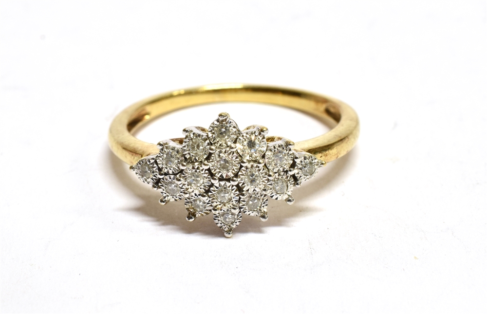 A DIAMOND MARQUISE SHAPED CLUSTER YELLOW GOLD RING a total of sixteen small illusion set diamonds, - Image 2 of 3