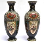 A LARGE PAIR OF CLOISONNE VASES of baluster form with flared rims, 31cm high