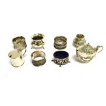 ITEMS OF SMALL SILVERWARE Comprising five assorted condiment items and three napkin rings, total
