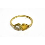 A DIAMOND AND YELLOW TOPAZ TWO STONE YELLOW GOLD RING the triangular rose cut diamond approx. 0.5