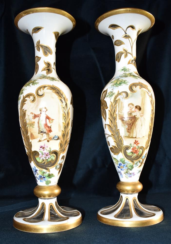 A PAIR OF 19TH CENTURY FLASH CUT GLASS VASES clear glass with opaque white glass overlay, the