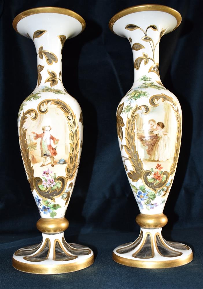 A PAIR OF 19TH CENTURY FLASH CUT GLASS VASES clear glass with opaque white glass overlay, the - Image 2 of 4
