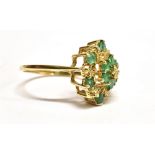 AN EMERALD AND DIAMOND CLUSTER 9CT GOLD DRESS RING multi-tiered openwork cluster, ring size Q, gross