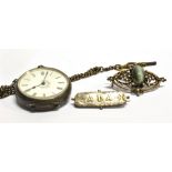 A LADY'S SMALL SILVER POCKET WATCH on a silver double albert chain together with two Victorian