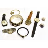 SIX ITEMS OF SILVER JEWELLERY comprising a large D profile modern slave bangle, a silver gilt wire