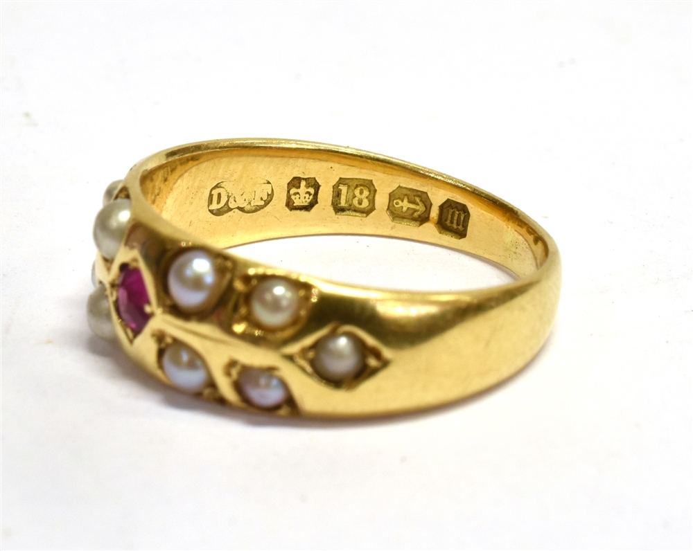 A VICTORIAN RUBY AND SEED PEARL SET 18CT GOLD BAND RING Small ruby to centre with half round seed - Image 4 of 4