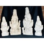 FOUR CHINESE BLANC DE CHINE FIGURES OF GUANYIN each similarly modelled with attendant acolytes, a