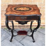 A VICTORIAN SEWING TABLE the shaped top with marquetry inlaid decoration, opening to fitted