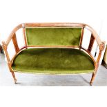 AN EDWARDIAN MAHOGANY FRAMED TWO SEATER SOFA with line inlaid decoration, 123cm wide