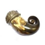 A VICTORIAN SILVER MOUNTED HORN SNUFF MULL With Scottish embossed thistle design to hinged lid,