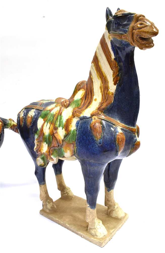 A LARGE PAIR OF CHINESE TANG STYLE FIGURES OF HORSES decorated in sancai glaze, 48cm high - Image 3 of 3